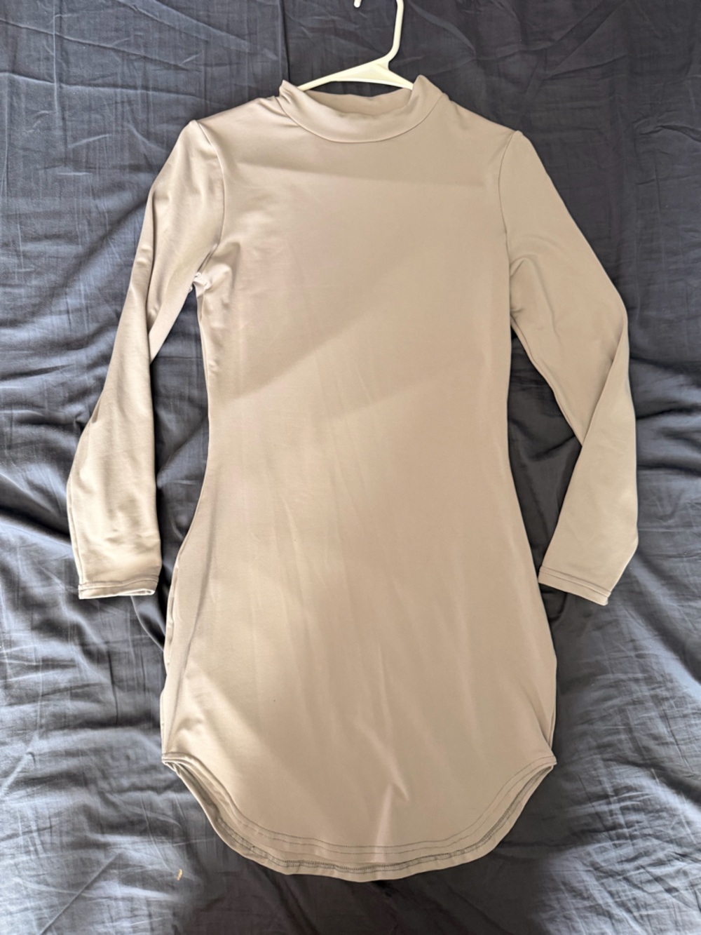 Long Sleeve Mock Neck Tunic Dress in Light Taupe